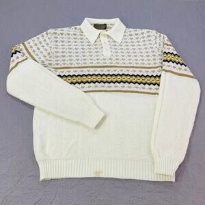 Sweater Emporium Vintage Knit Mens Large Cream Brown‎ Collared Nordic Fair Isle
